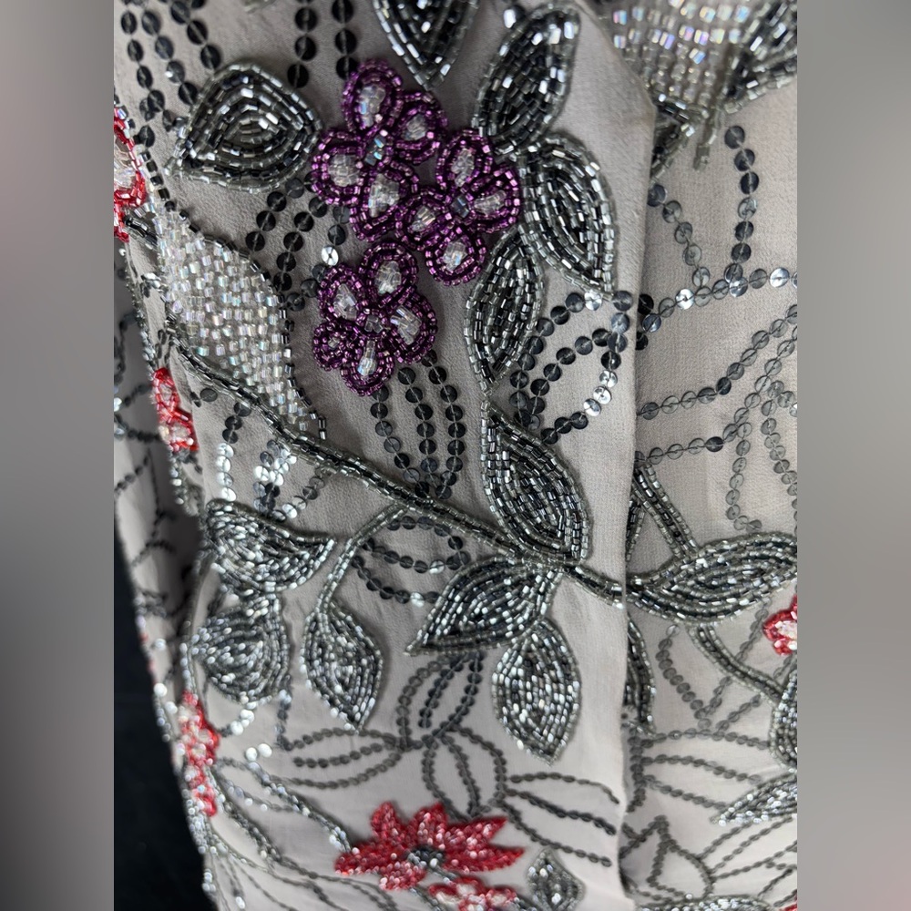 Embellished Floral V-Neck Jacket - Gray with Pink & Purple Accents - Picture 2 of 5